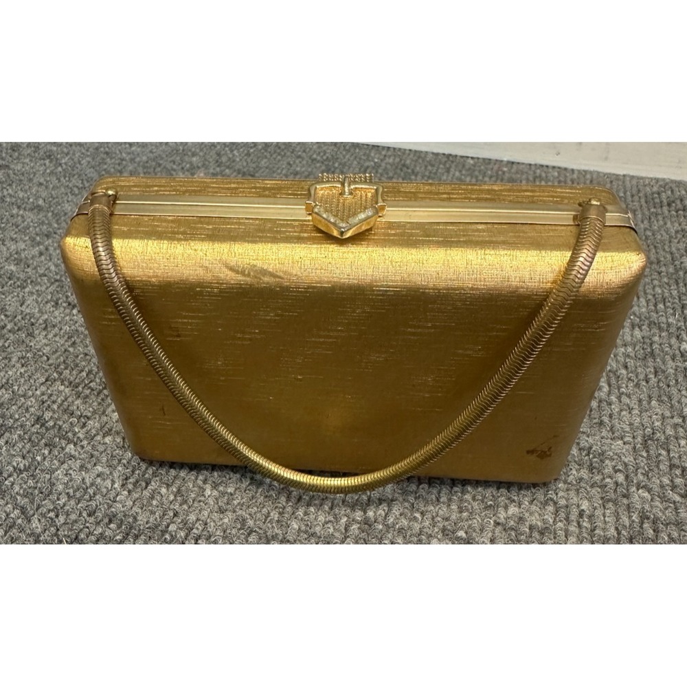 Vintage 1950s/60s Volupté Box Purse Gold Hard Shell Evening Bag Snake Chain Glam